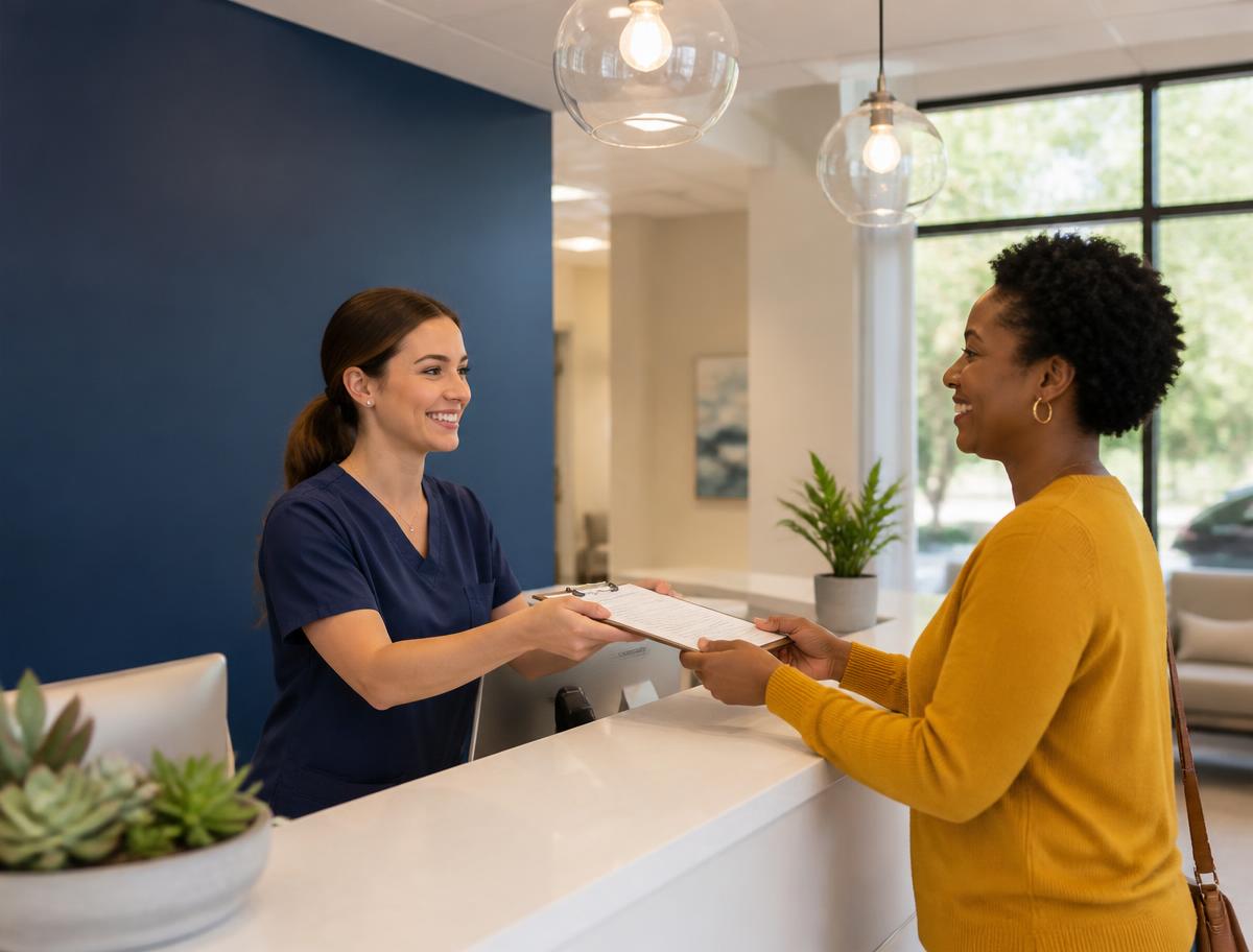 Patient checking in at a modern medical office reception desk
