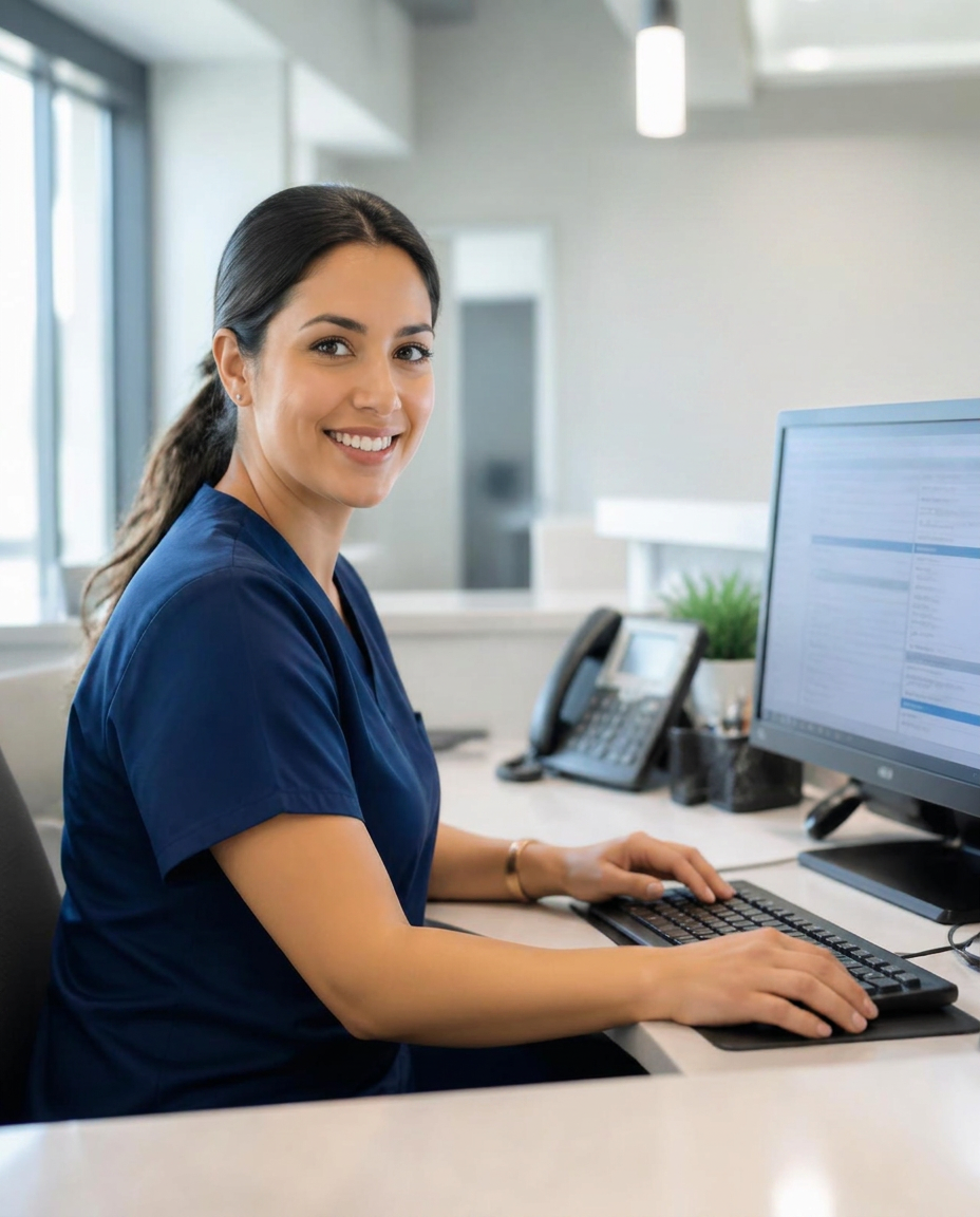 Medical administrative assistant working at a clinic front desk with electronic health records
