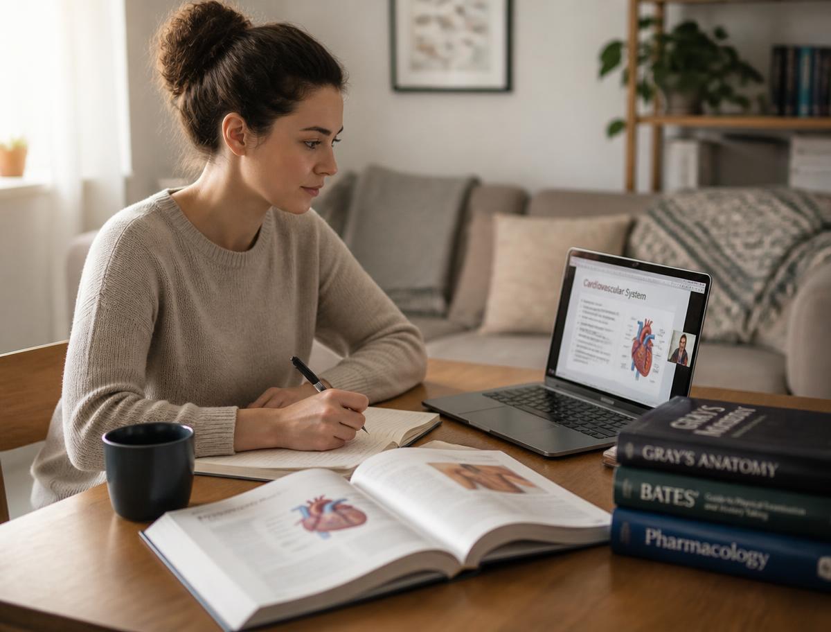 Adult student completing online medical administrative coursework at home